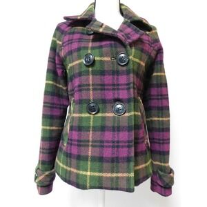 Aeropostale  Wool Blend Green Purple Plaid Double Breasted  Peacoat  Medium